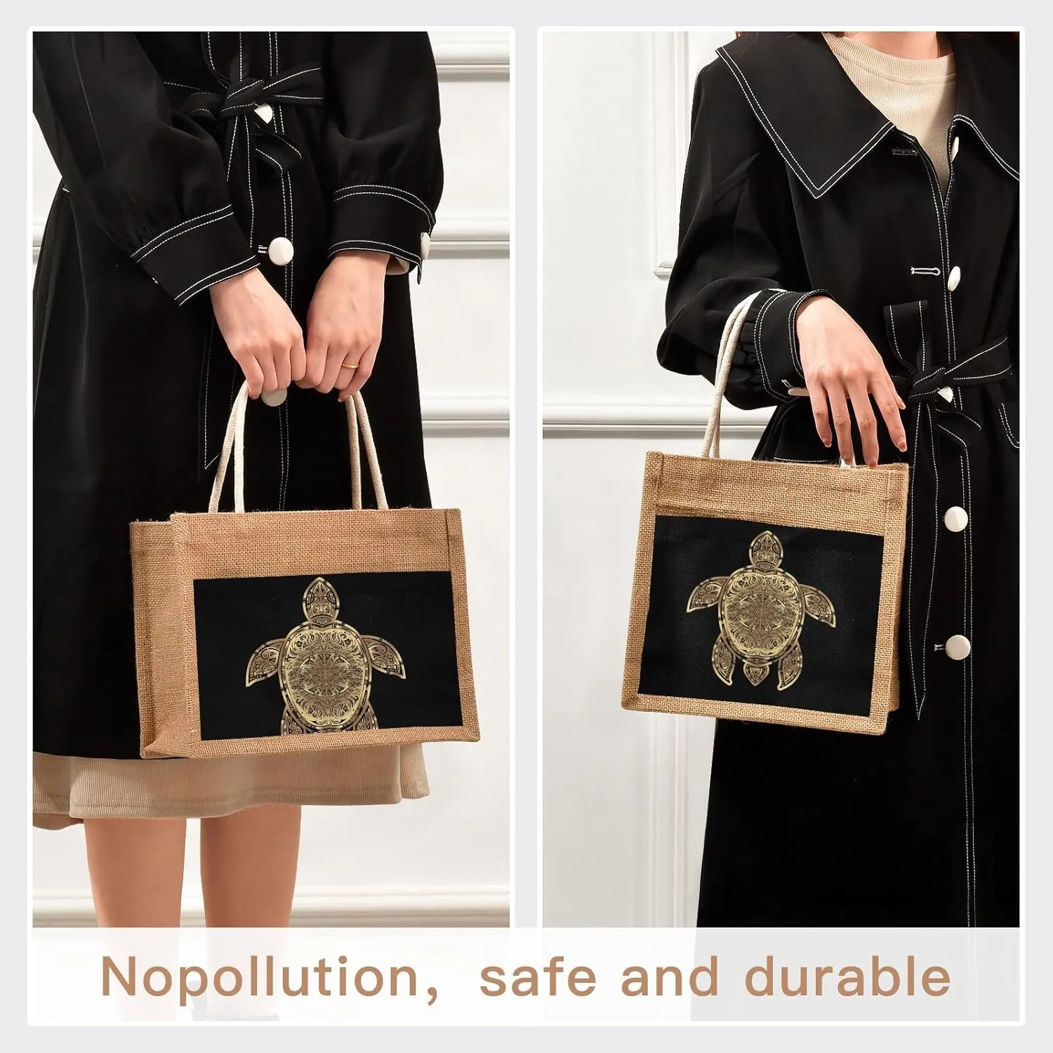 Oyihfvs Durable Burlap Bag with Handles, Zipper Jute Tote Reusable Bag Waterproof Lining for Shopping Work Travel beach