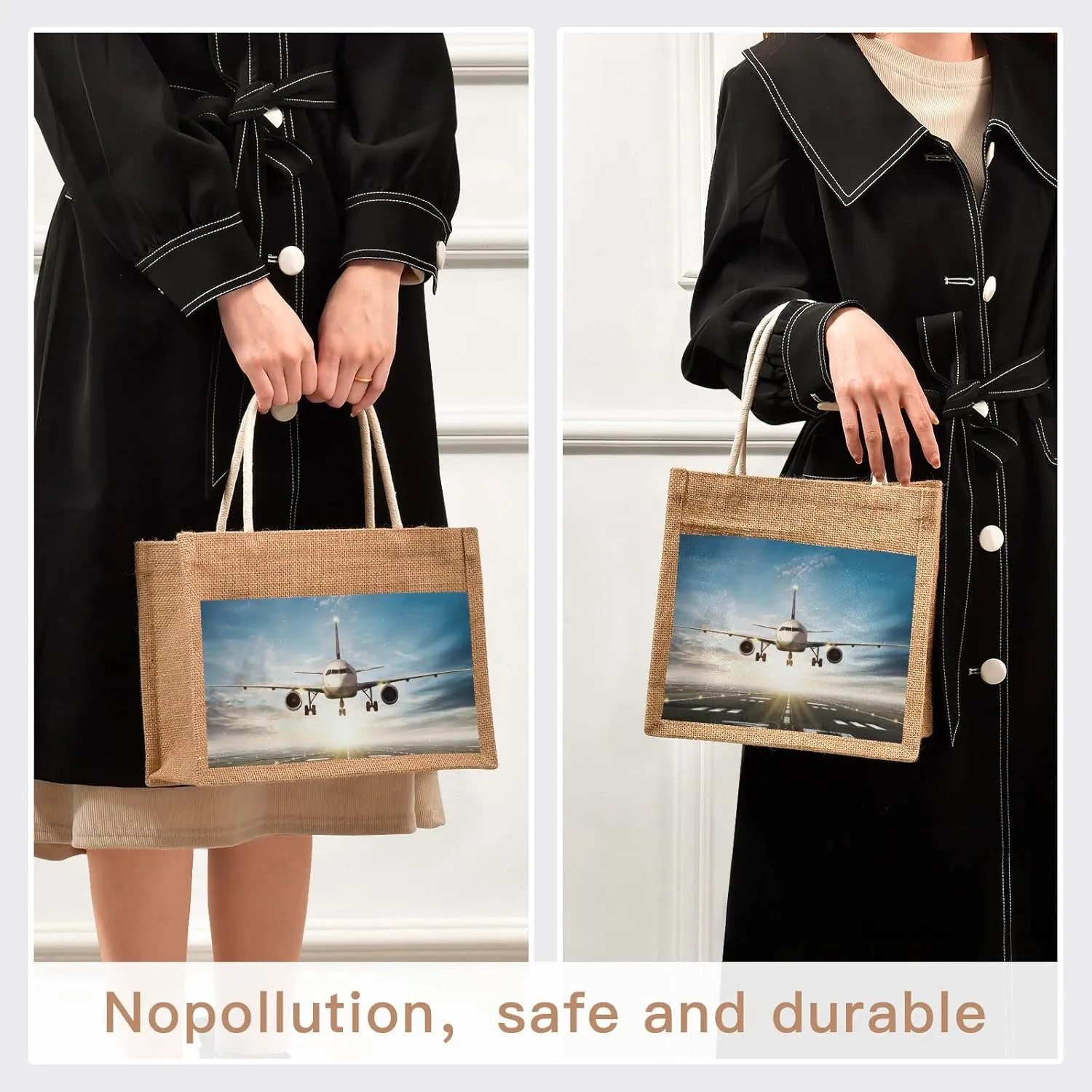 Oyihfvs Durable Burlap Bag with Handles, Zipper Jute Tote Reusable Bag Waterproof Lining for Shopping Work Travel beach