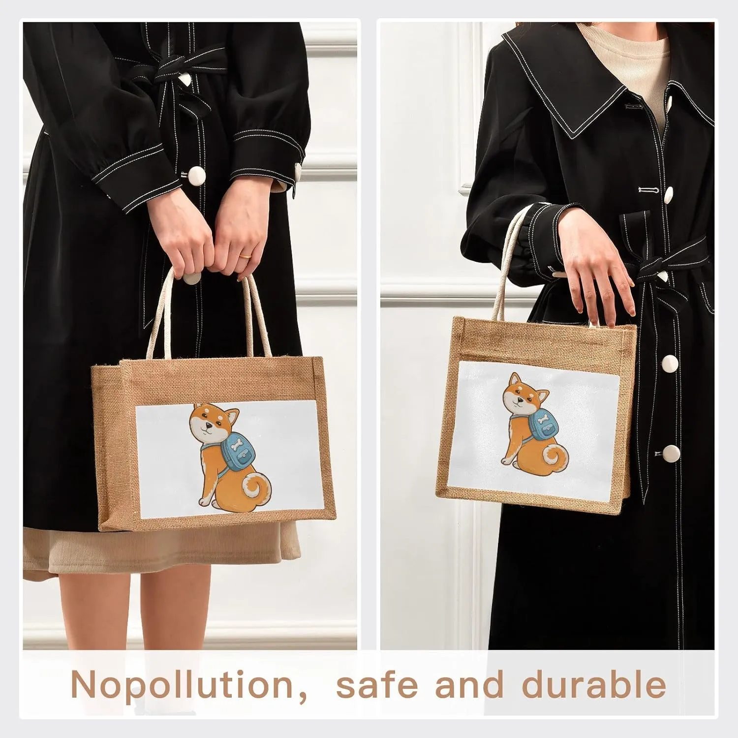 Oyihfvs Durable Burlap Bag with Handles, Zipper Jute Tote Reusable Bag Waterproof Lining for Shopping Work Travel beach