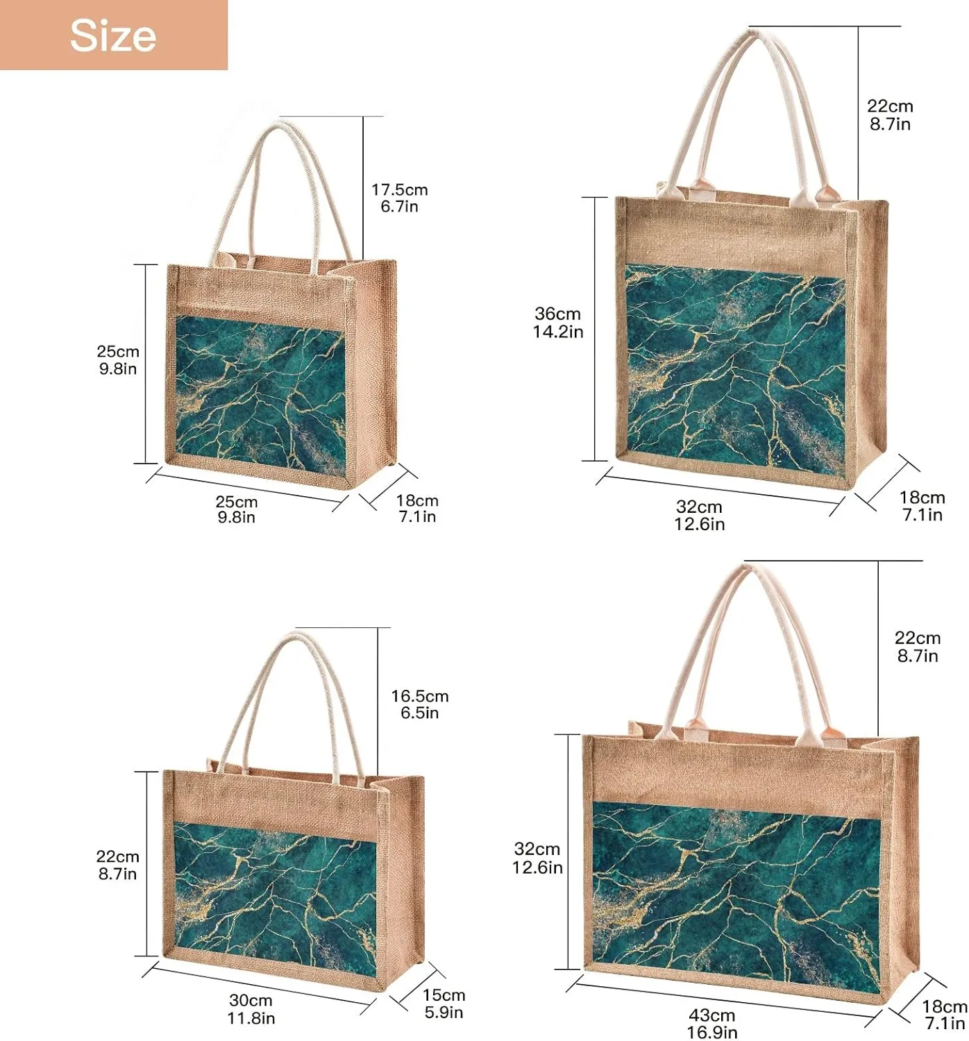 Oyihfvs Durable Burlap Bag with Handles, Zipper Jute Tote Reusable Bag Waterproof Lining for Shopping Work Travel beach