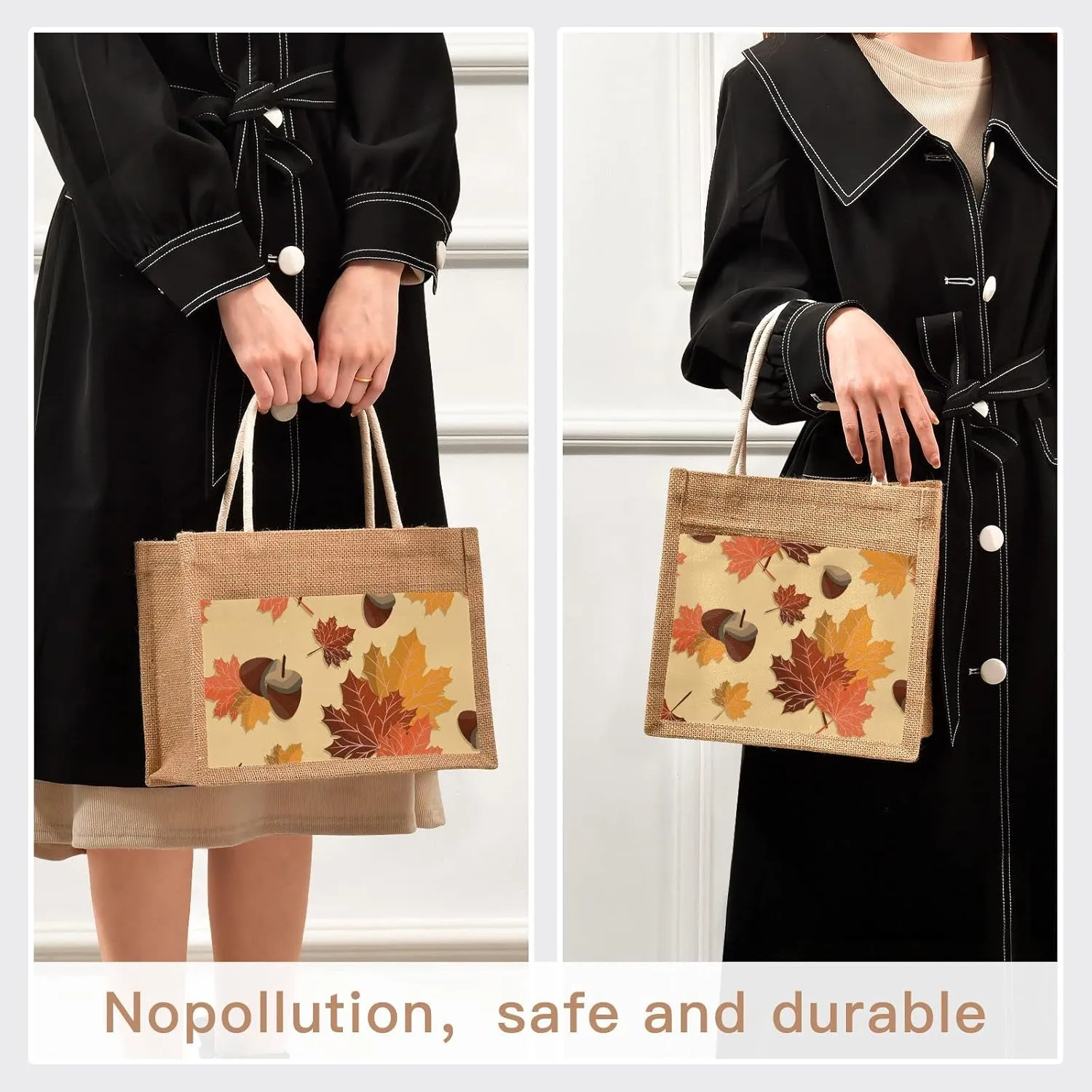 Oyihfvs Durable Burlap Bag with Handles, Zipper Jute Tote Reusable Bag Waterproof Lining for Shopping Work Travel beach
