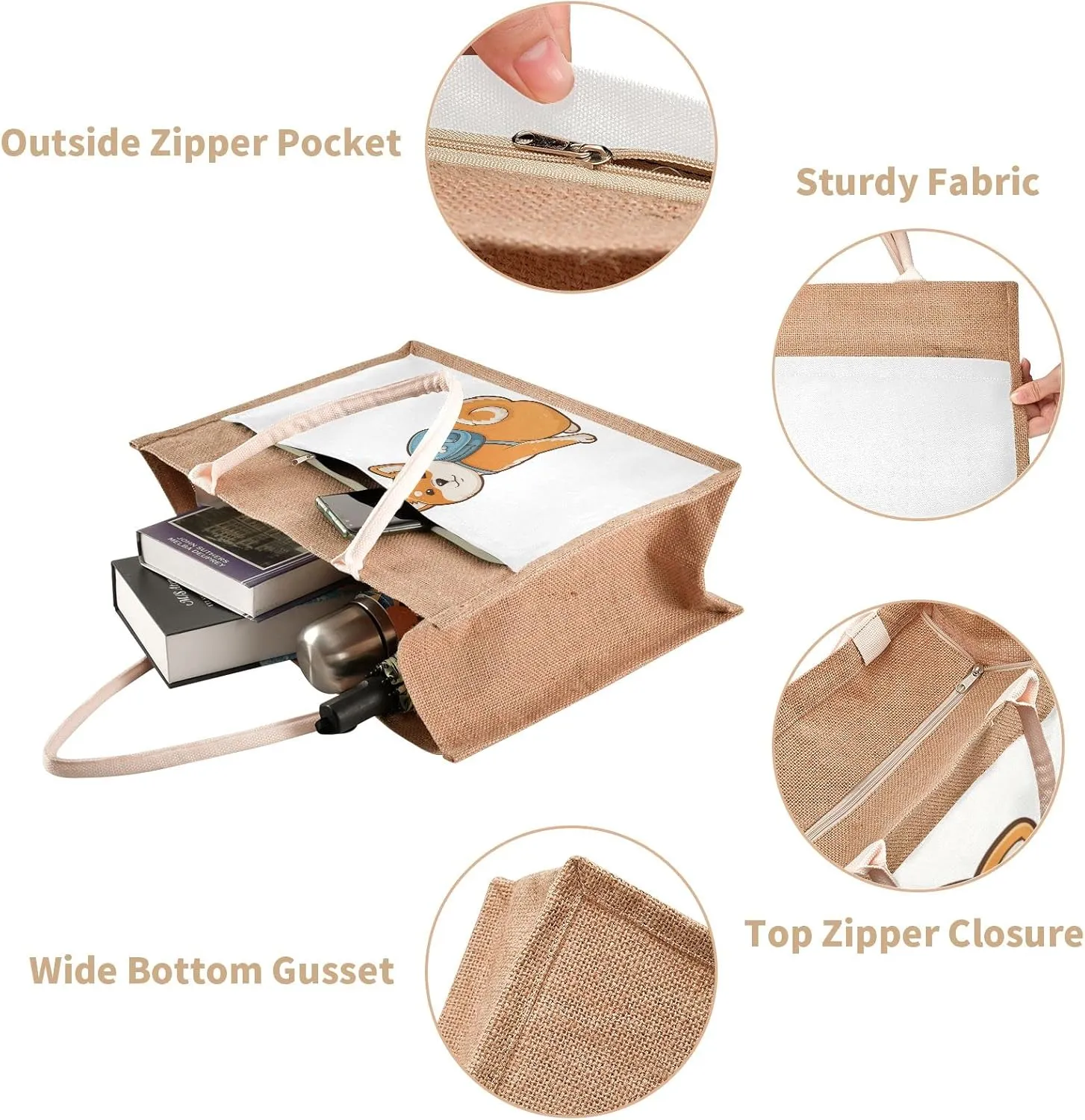 Oyihfvs Durable Burlap Bag with Handles, Zipper Jute Tote Reusable Bag Waterproof Lining for Shopping Work Travel beach
