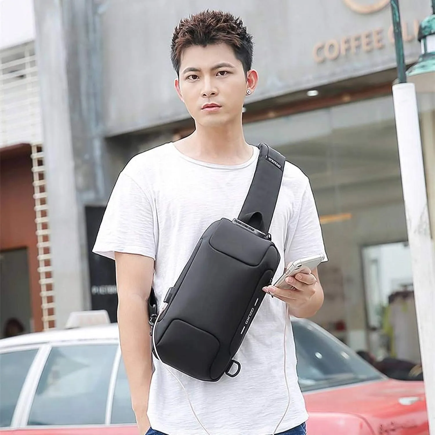 OZUKO Men's Crossbody Chest Bag - Anti-Theft Sling Backpack with USB Charging Port, Water-Resistant Shoulder Bag for Travel, Work, and Outdoors (Green)