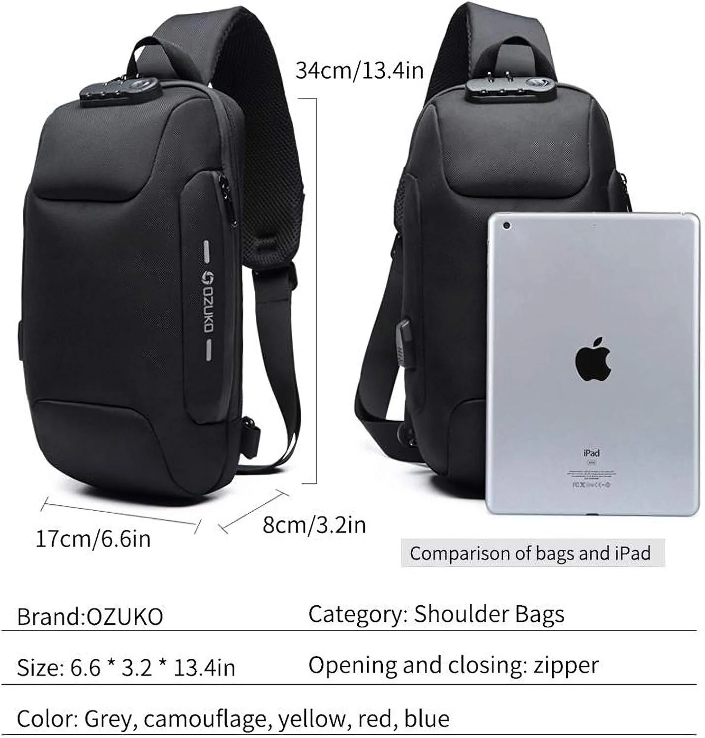 OZUKO Men's Crossbody Chest Bag - Anti-Theft Sling Backpack with USB Charging Port, Water-Resistant Shoulder Bag for Travel, Work, and Outdoors (Green)