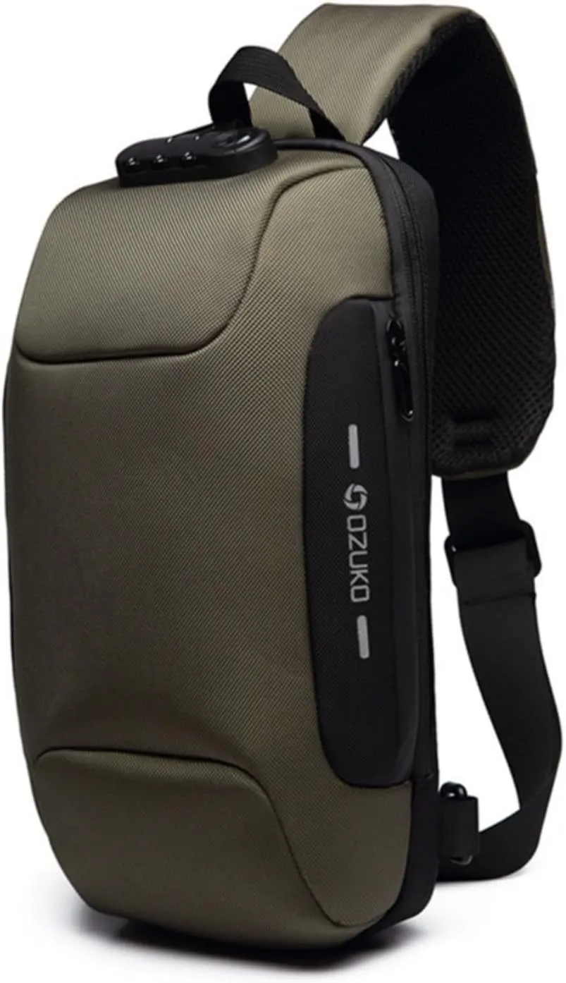 OZUKO Men's Crossbody Chest Bag - Anti-Theft Sling Backpack with USB Charging Port, Water-Resistant Shoulder Bag for Travel, Work, and Outdoors (Green)