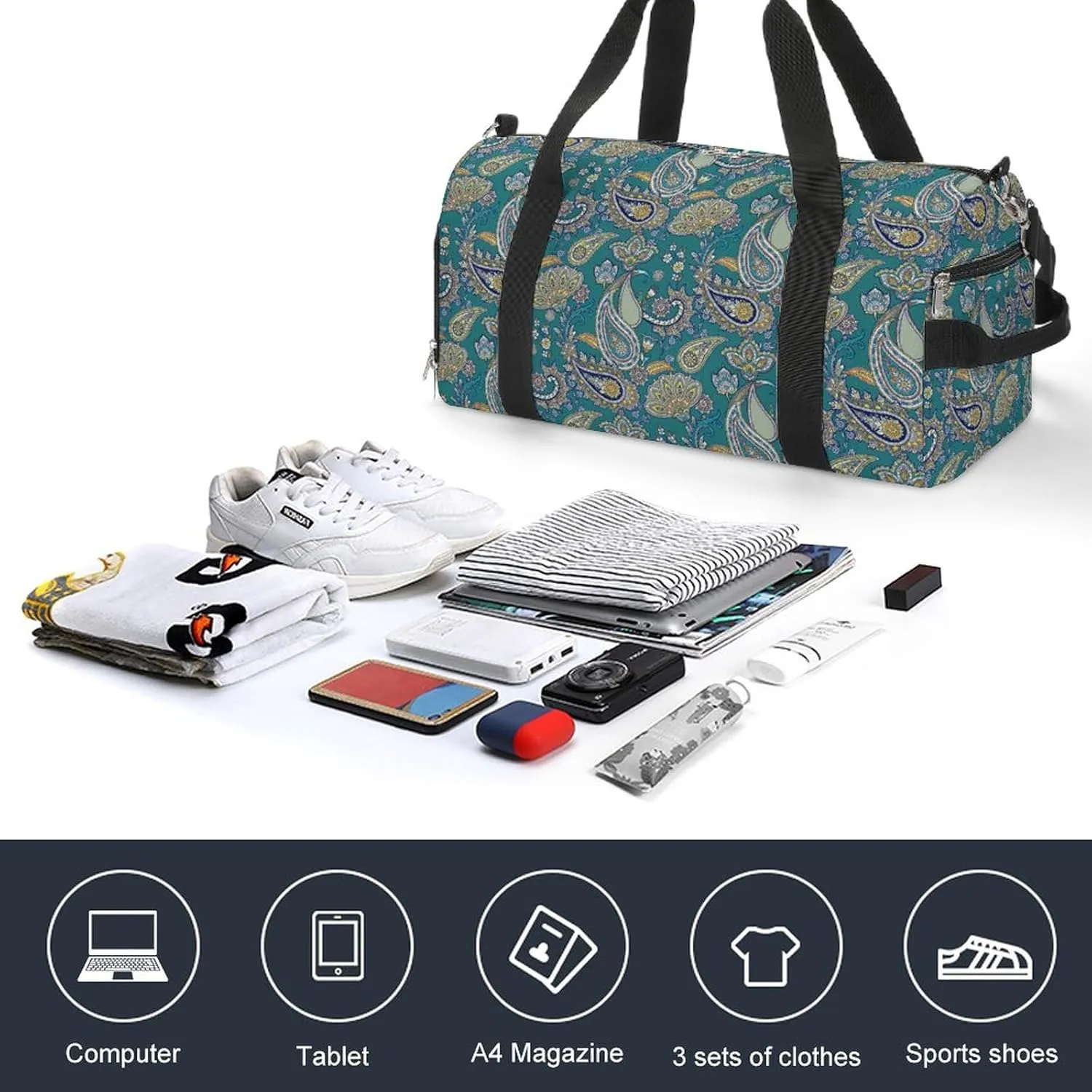 Paisleys-indian-style Sports Tote Gym Bag for Women Men, Overnight Bag with Shoe Compartment Water Resistant