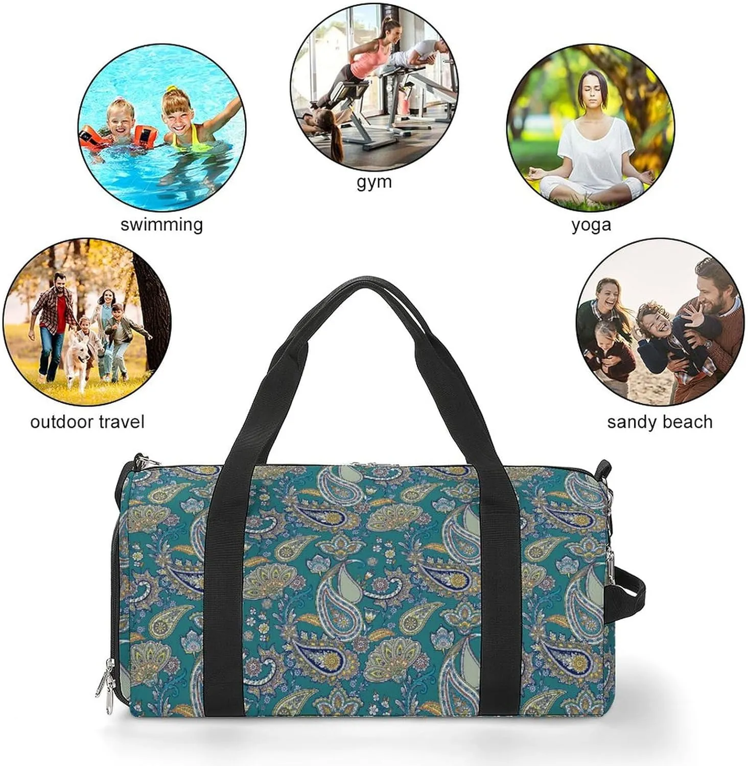 Paisleys-indian-style Sports Tote Gym Bag for Women Men, Overnight Bag with Shoe Compartment Water Resistant