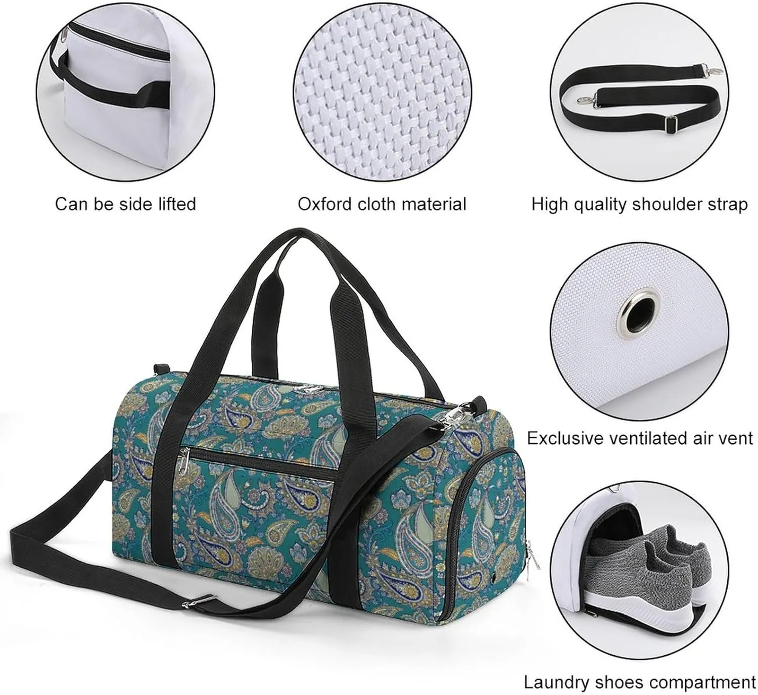 Paisleys-indian-style Sports Tote Gym Bag for Women Men, Overnight Bag with Shoe Compartment Water Resistant