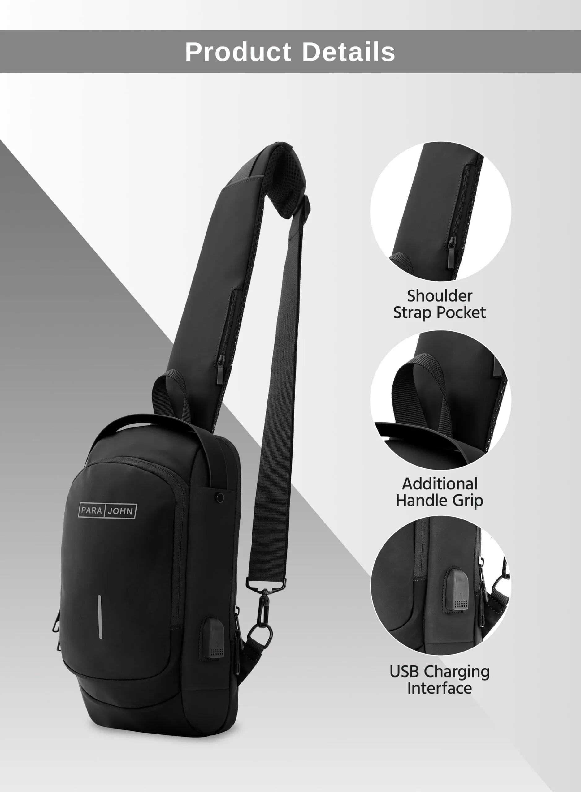 Parajohn Anti theft Crossbody Sling bag,Shoulder Backpack,Lightweight Chest Daypack with USB Charging Port