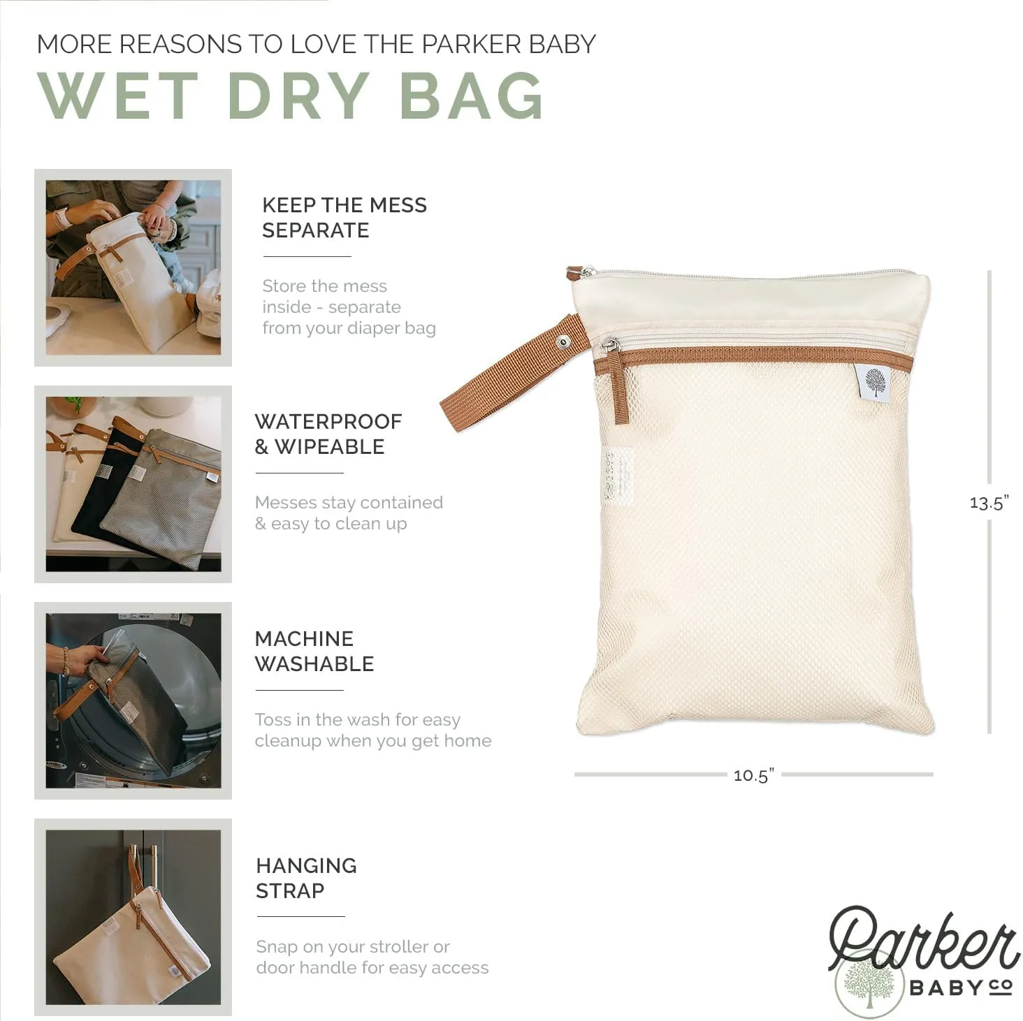 Parker Baby Cloth Diaper Wet Dry Bag - Waterproof Reusable Bag with Mesh Organizer and Zippered Pocket | Stylish, Machine-Washable, Convenient Handle for Diapers, Wet Clothes, Swimsuits - Cream