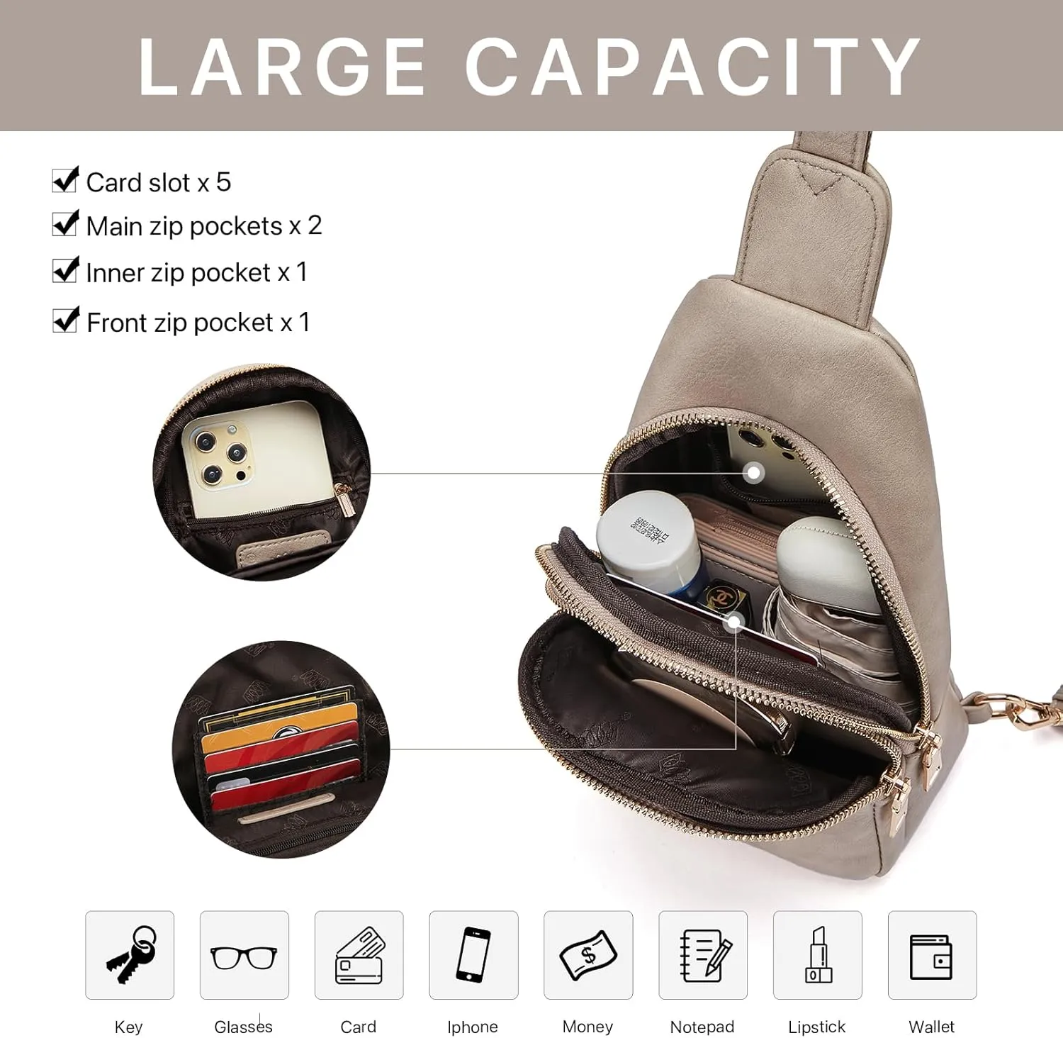 pclove Sling Bag Crossbody Bags for Women Trendy Fanny Packs for women cross bady bag women belt bag anti theft small backpack purses for women Vegan Leather Chest Bag travel purse Grey
