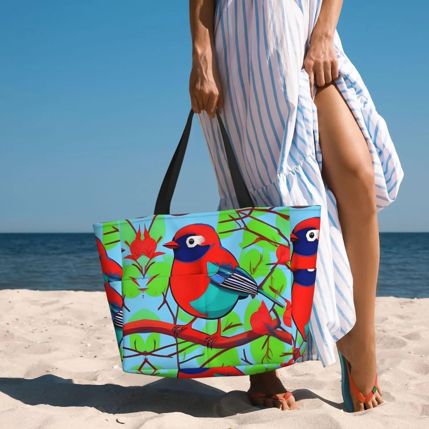 Peacock Flowers Spacious Large Capacity Beach Travel Bag - Foldable Beach Bag Tote Bag With Zipper