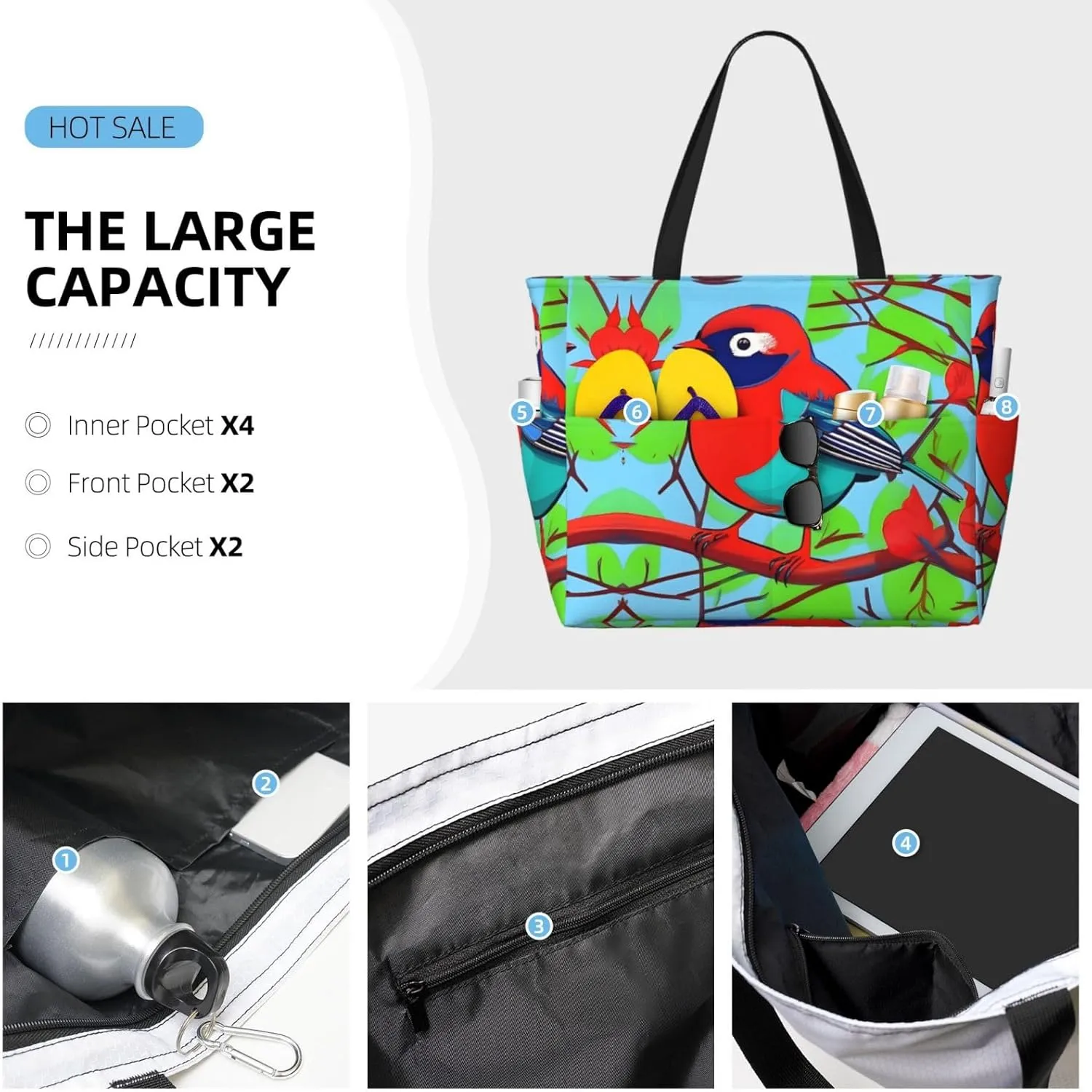 Peacock Flowers Spacious Large Capacity Beach Travel Bag - Foldable Beach Bag Tote Bag With Zipper