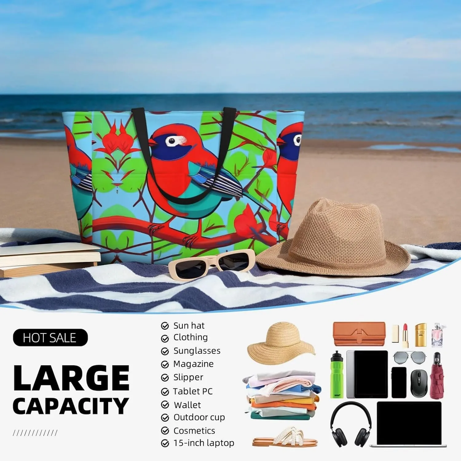 Peacock Flowers Spacious Large Capacity Beach Travel Bag - Foldable Beach Bag Tote Bag With Zipper