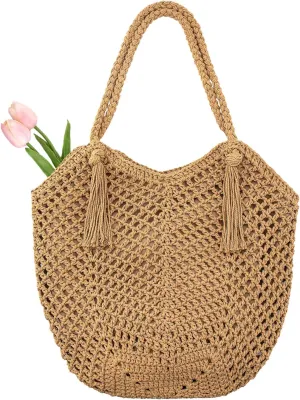 Peicees Crochet Beach Tote Bag For Women 2025 Bohemian Shoulder Bag Purse With Leak-Proof Lining for Summer Vacation Travel