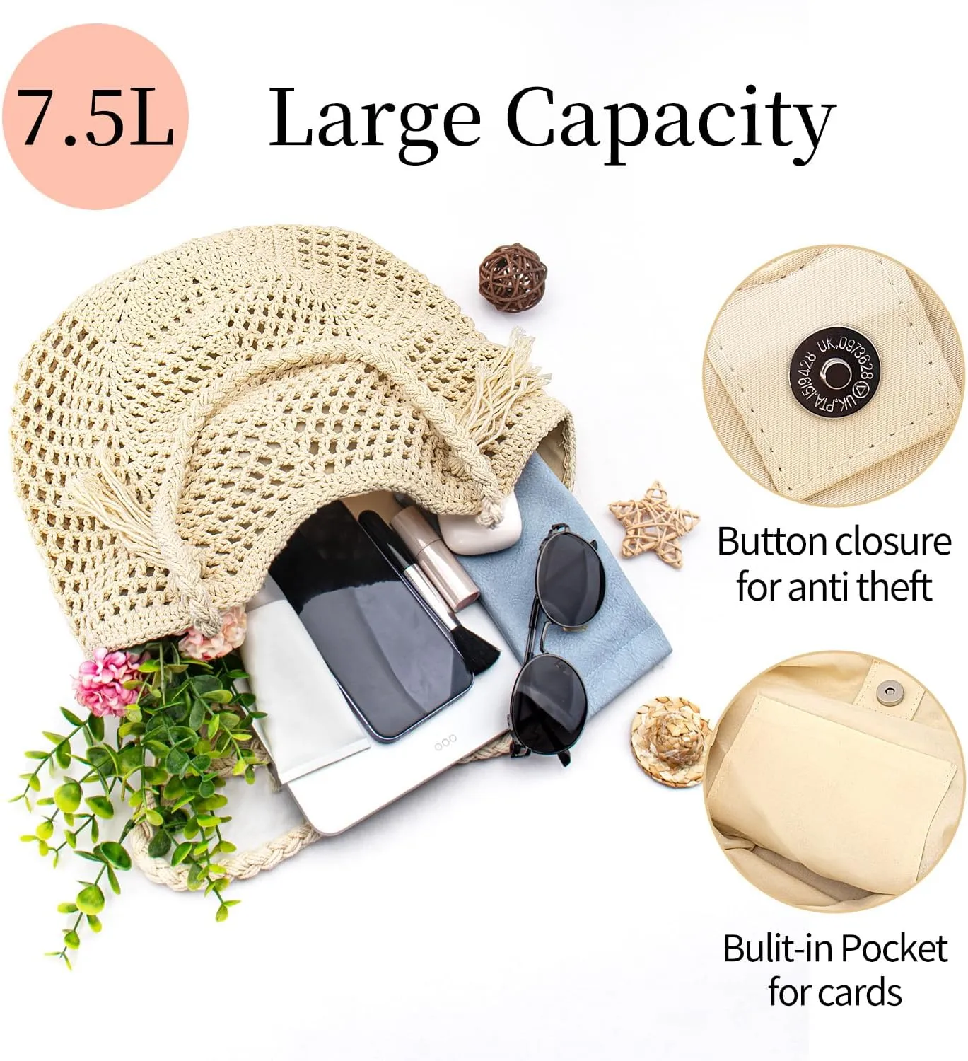 Peicees Crochet Beach Tote Bag For Women 2025 Bohemian Shoulder Bag Purse With Leak-Proof Lining for Summer Vacation Travel