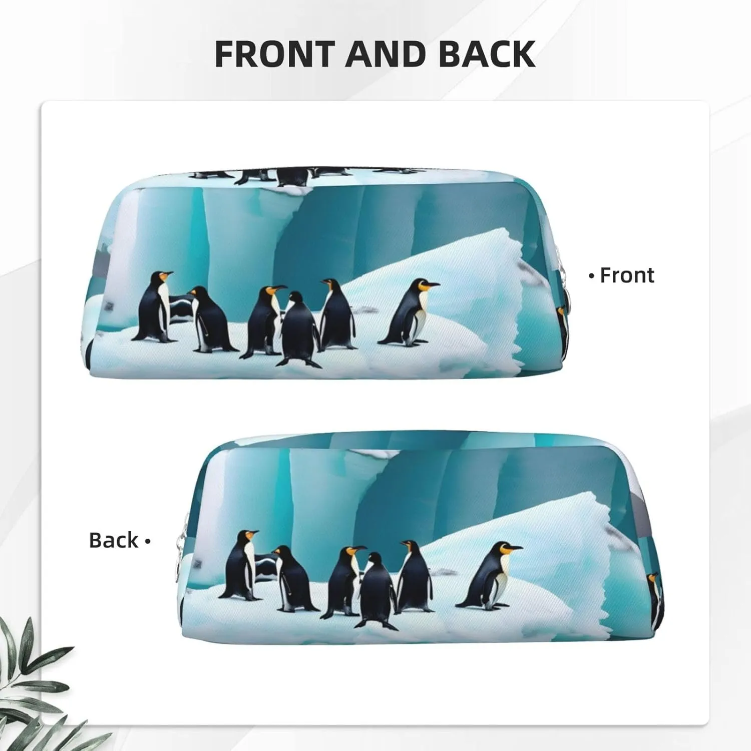 Penguins On The Iceberg Print Large Capacity Pencil Case,Pencil Pouch With Zipper, Durable Leather Pen Bag For Office, Travel