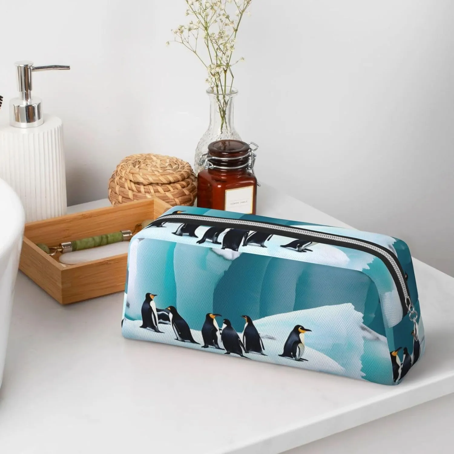 Penguins On The Iceberg Print Large Capacity Pencil Case,Pencil Pouch With Zipper, Durable Leather Pen Bag For Office, Travel