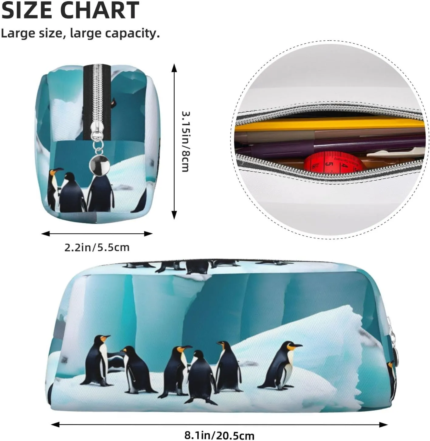 Penguins On The Iceberg Print Large Capacity Pencil Case,Pencil Pouch With Zipper, Durable Leather Pen Bag For Office, Travel