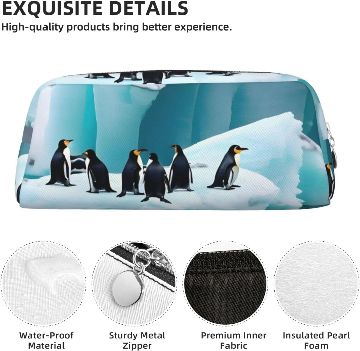 Penguins On The Iceberg Print Large Capacity Pencil Case,Pencil Pouch With Zipper, Durable Leather Pen Bag For Office, Travel