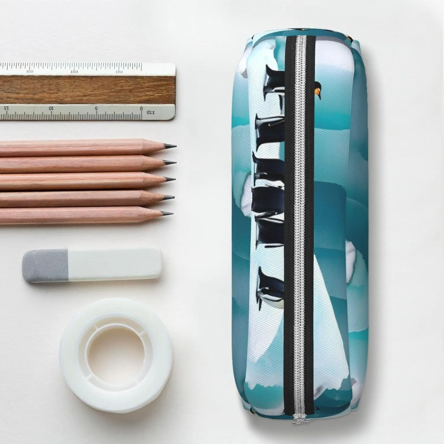 Penguins On The Iceberg Print Large Capacity Pencil Case,Pencil Pouch With Zipper, Durable Leather Pen Bag For Office, Travel