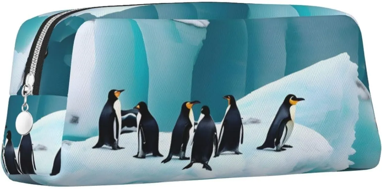 Penguins On The Iceberg Print Large Capacity Pencil Case,Pencil Pouch With Zipper, Durable Leather Pen Bag For Office, Travel