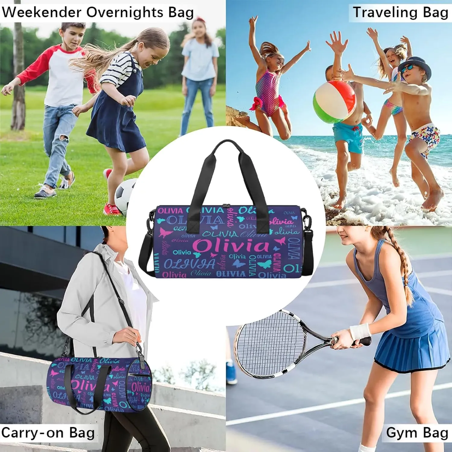 Personalized Butterfly Duffel Bag with Name Round Custom Travel Sports Bag for Women Men Waterproof Dance Ballet Bag Lightweight 17.6in, Dark Blue