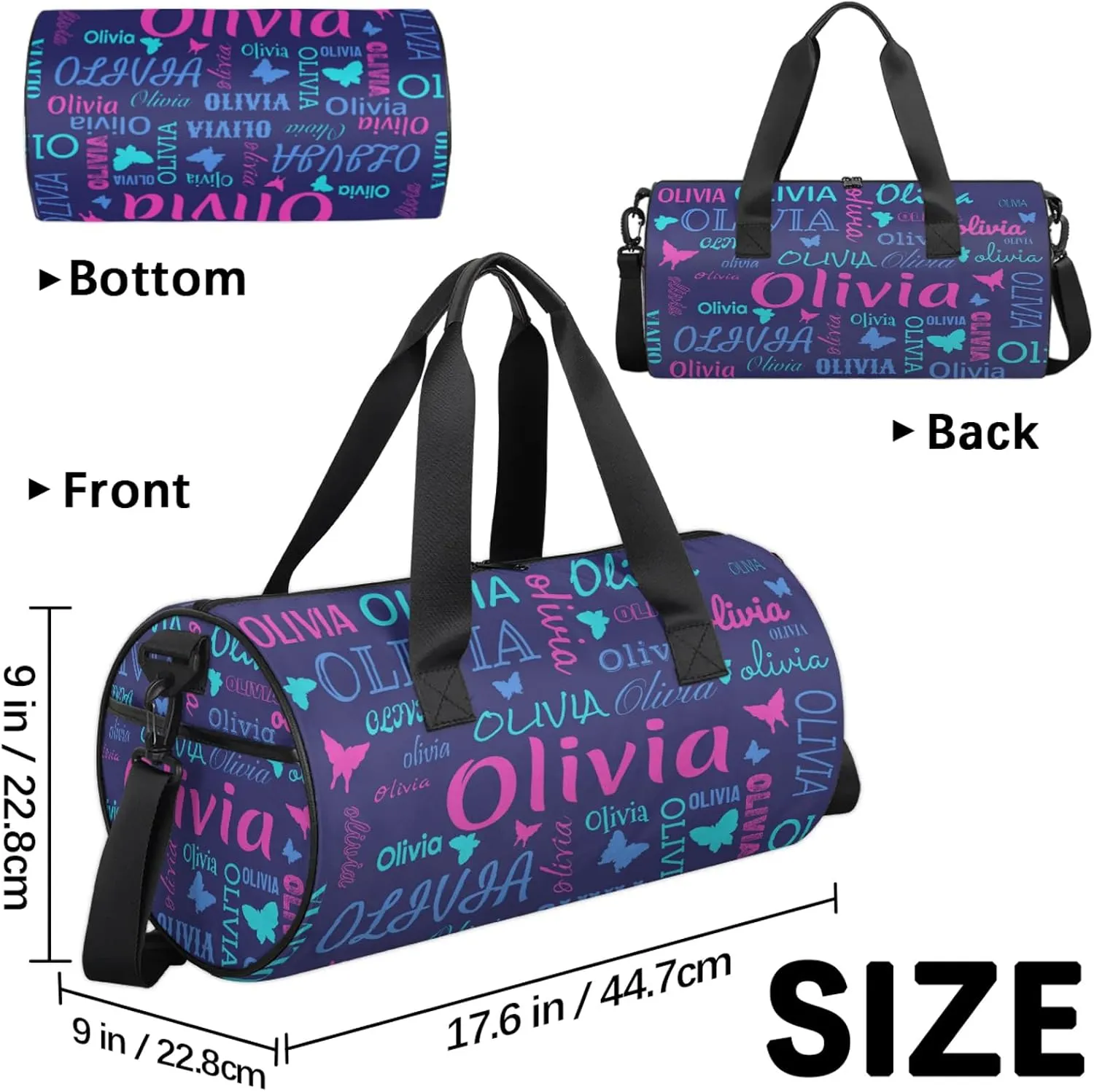 Personalized Butterfly Duffel Bag with Name Round Custom Travel Sports Bag for Women Men Waterproof Dance Ballet Bag Lightweight 17.6in, Dark Blue