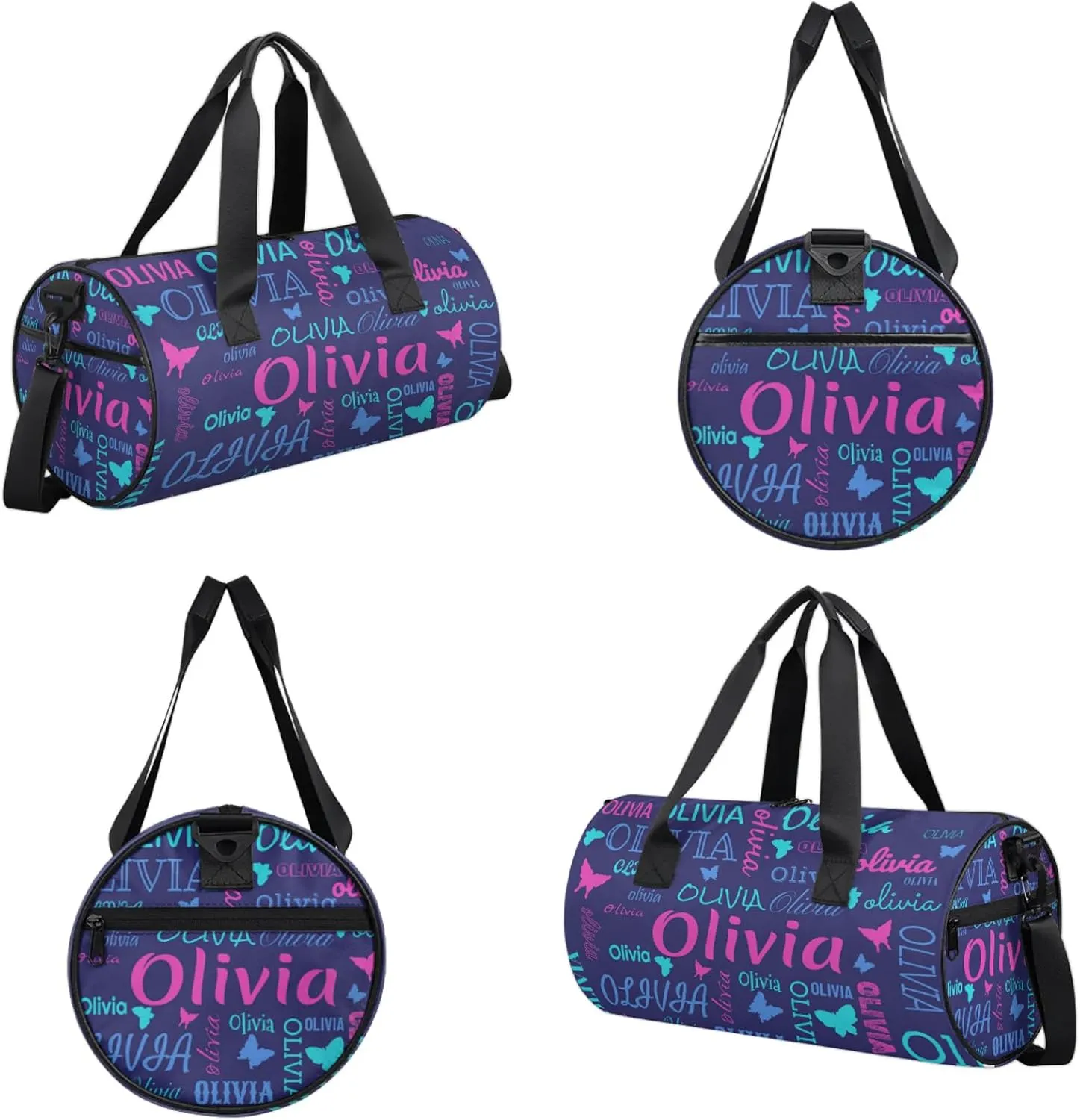 Personalized Butterfly Duffel Bag with Name Round Custom Travel Sports Bag for Women Men Waterproof Dance Ballet Bag Lightweight 17.6in, Dark Blue