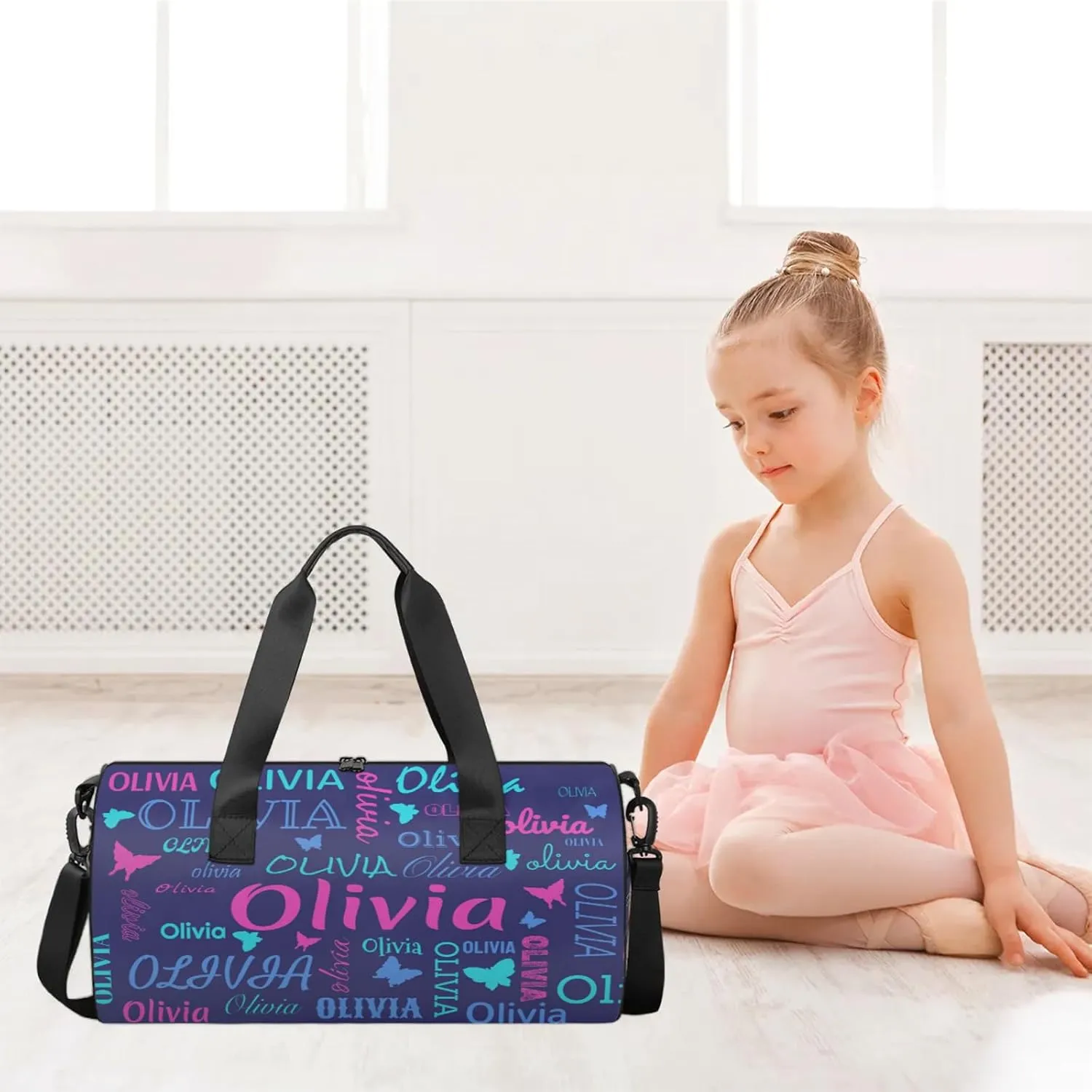 Personalized Butterfly Duffel Bag with Name Round Custom Travel Sports Bag for Women Men Waterproof Dance Ballet Bag Lightweight 17.6in, Dark Blue