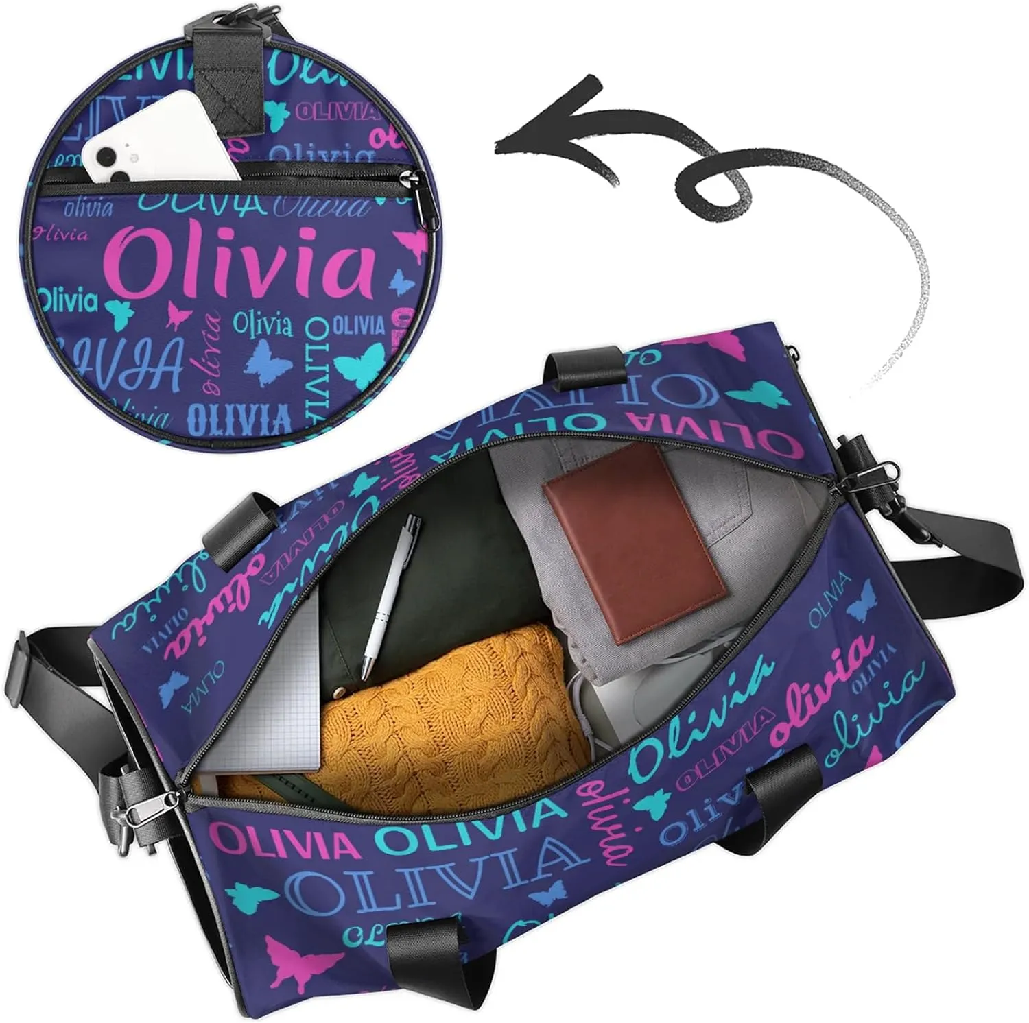 Personalized Butterfly Duffel Bag with Name Round Custom Travel Sports Bag for Women Men Waterproof Dance Ballet Bag Lightweight 17.6in, Dark Blue