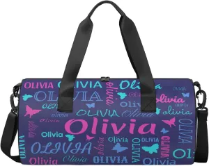 Personalized Butterfly Duffel Bag with Name Round Custom Travel Sports Bag for Women Men Waterproof Dance Ballet Bag Lightweight 17.6in, Dark Blue