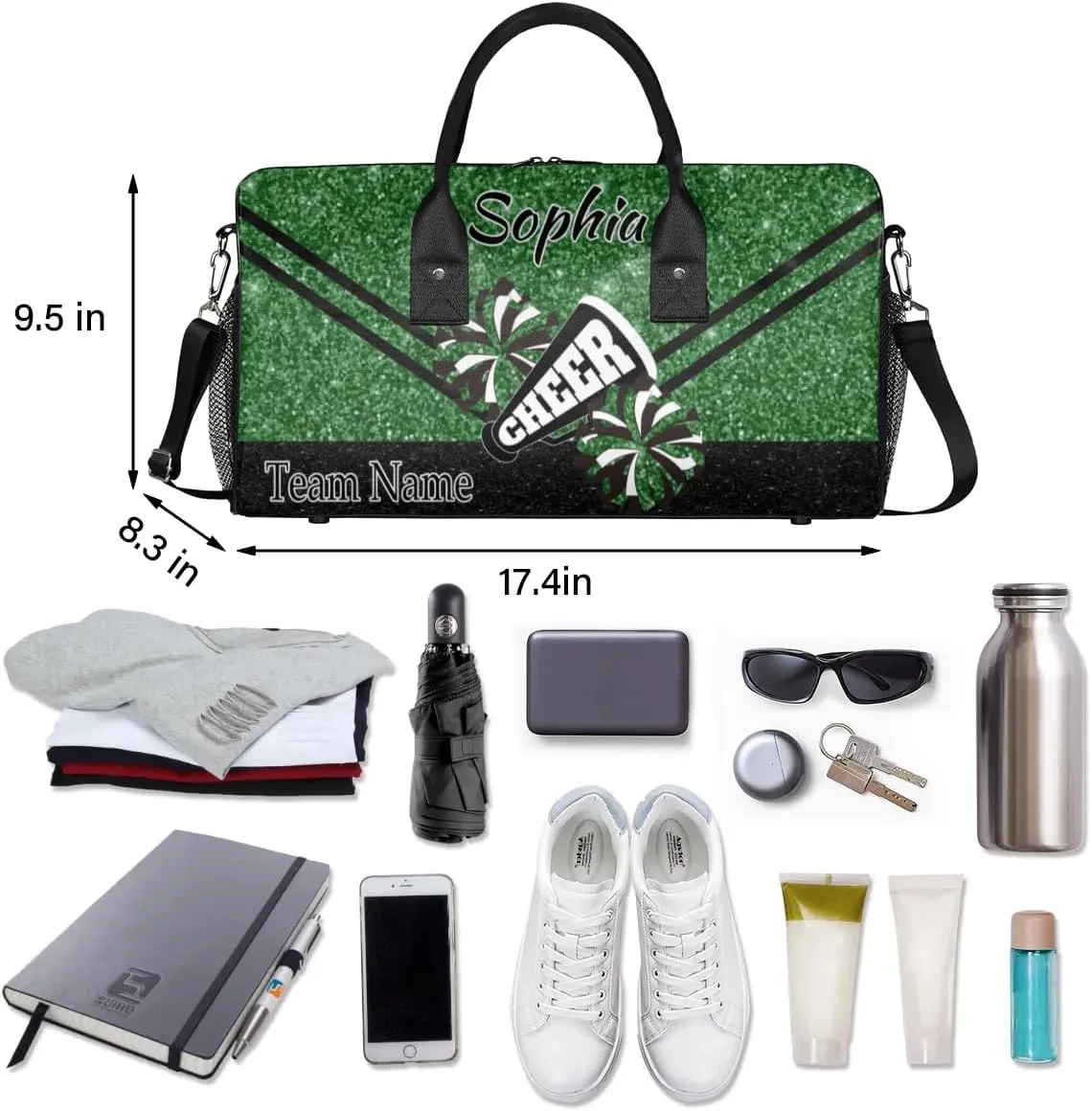 Personalized Cheer Bag, Custom Dance Ballet Bag with Name, Custom Cheer Training Practice Gym Bag Travel Sport Duffel Bag for Women, Dark Green Glitter