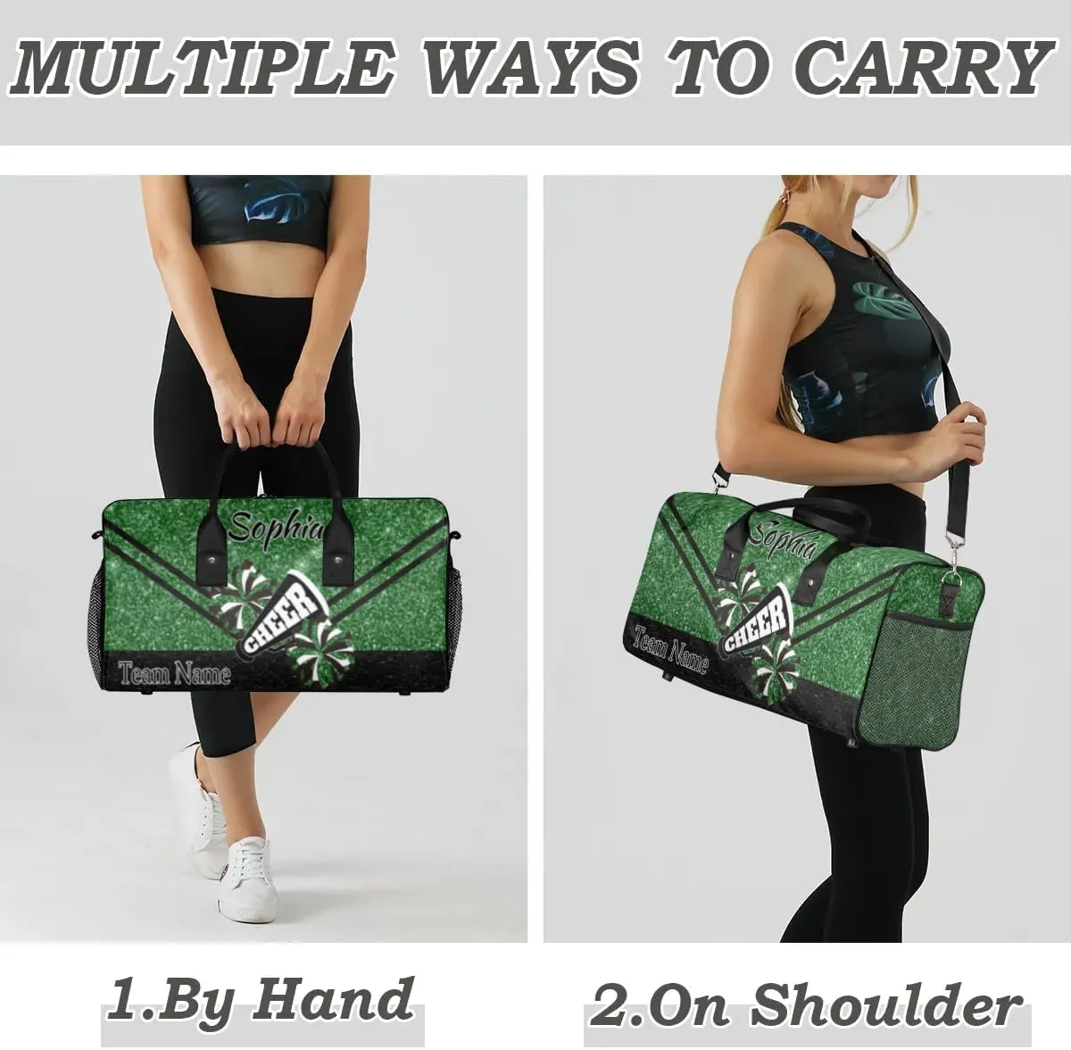 Personalized Cheer Bag, Custom Dance Ballet Bag with Name, Custom Cheer Training Practice Gym Bag Travel Sport Duffel Bag for Women, Dark Green Glitter