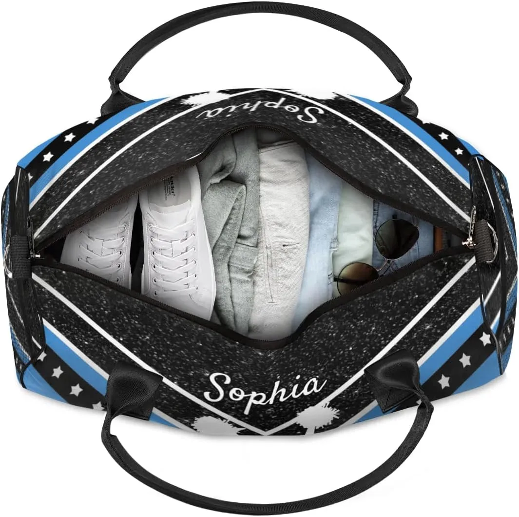 Personalized Cheer Bag for Cheerleader, Sport Duffel Bag with Name Customized Travel Overnight Weekender Bags, Blue Cheerleading Silhouette
