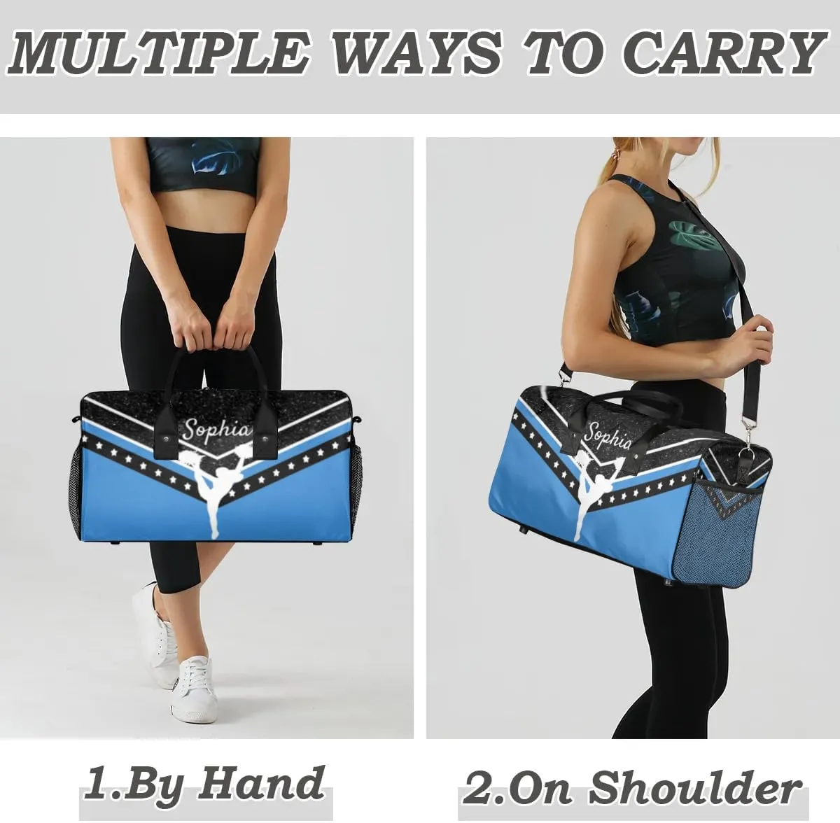 Personalized Cheer Bag for Cheerleader, Sport Duffel Bag with Name Customized Travel Overnight Weekender Bags, Blue Cheerleading Silhouette