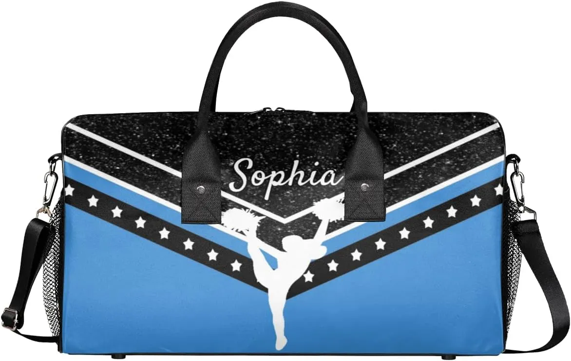 Personalized Cheer Bag for Cheerleader, Sport Duffel Bag with Name Customized Travel Overnight Weekender Bags, Blue Cheerleading Silhouette