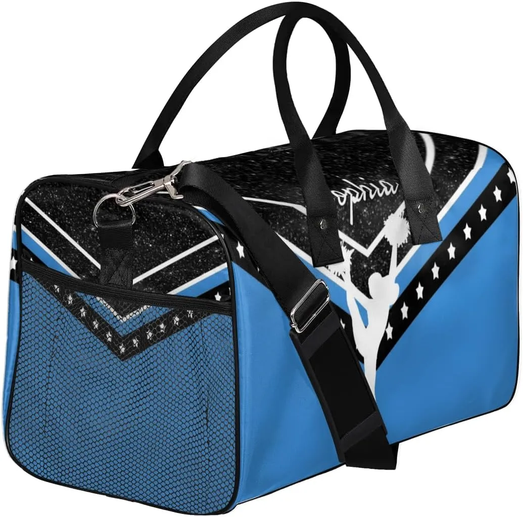 Personalized Cheer Bag for Cheerleader, Sport Duffel Bag with Name Customized Travel Overnight Weekender Bags, Blue Cheerleading Silhouette