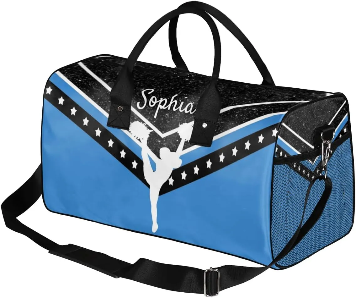 Personalized Cheer Bag for Cheerleader, Sport Duffel Bag with Name Customized Travel Overnight Weekender Bags, Blue Cheerleading Silhouette