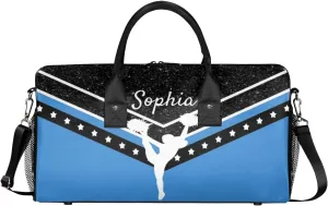 Personalized Cheer Bag for Cheerleader, Sport Duffel Bag with Name Customized Travel Overnight Weekender Bags, Blue Cheerleading Silhouette