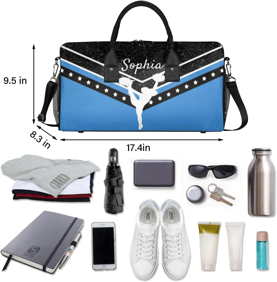 Personalized Cheer Bag for Cheerleader, Sport Duffel Bag with Name Customized Travel Overnight Weekender Bags, Blue Cheerleading Silhouette