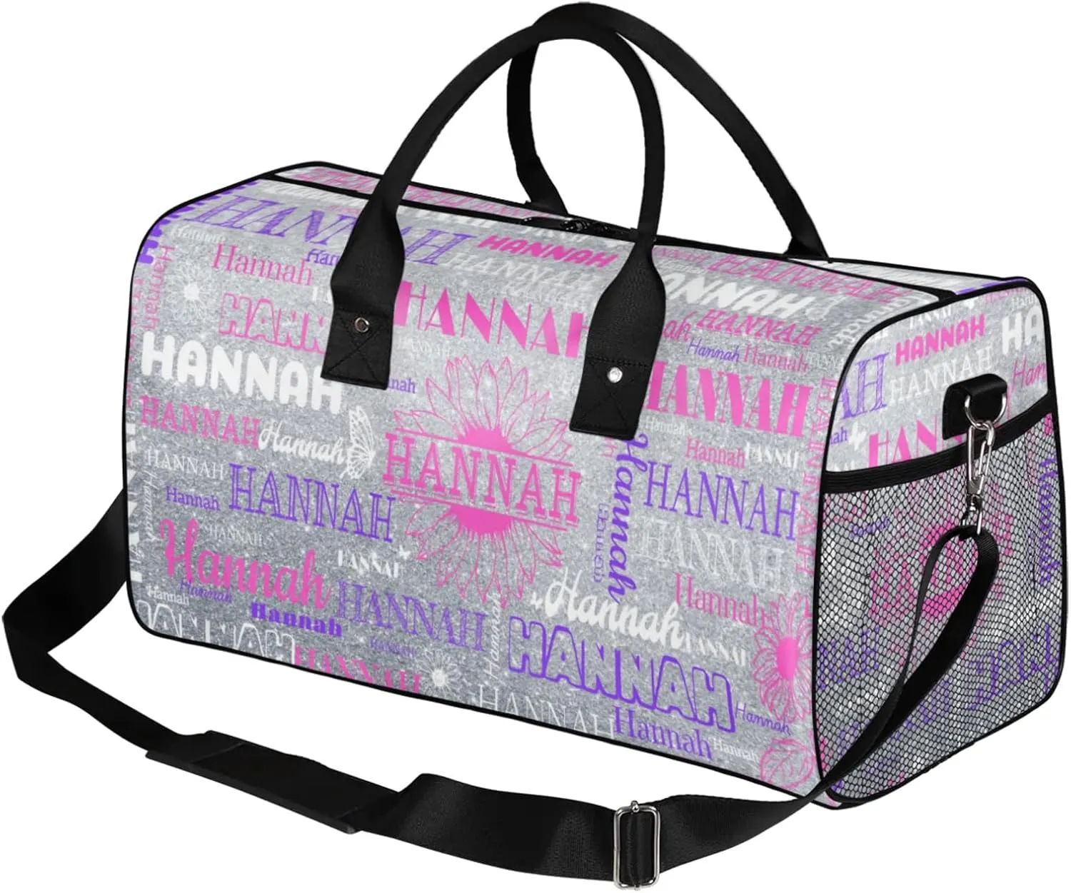 Personalized Dance Gym Bag with Full Name, Custom Sports Duffel Bag wiht Name Overnight Weekender Large Bag for Training Gymnastics, Sunflower Silver Glittering Effect