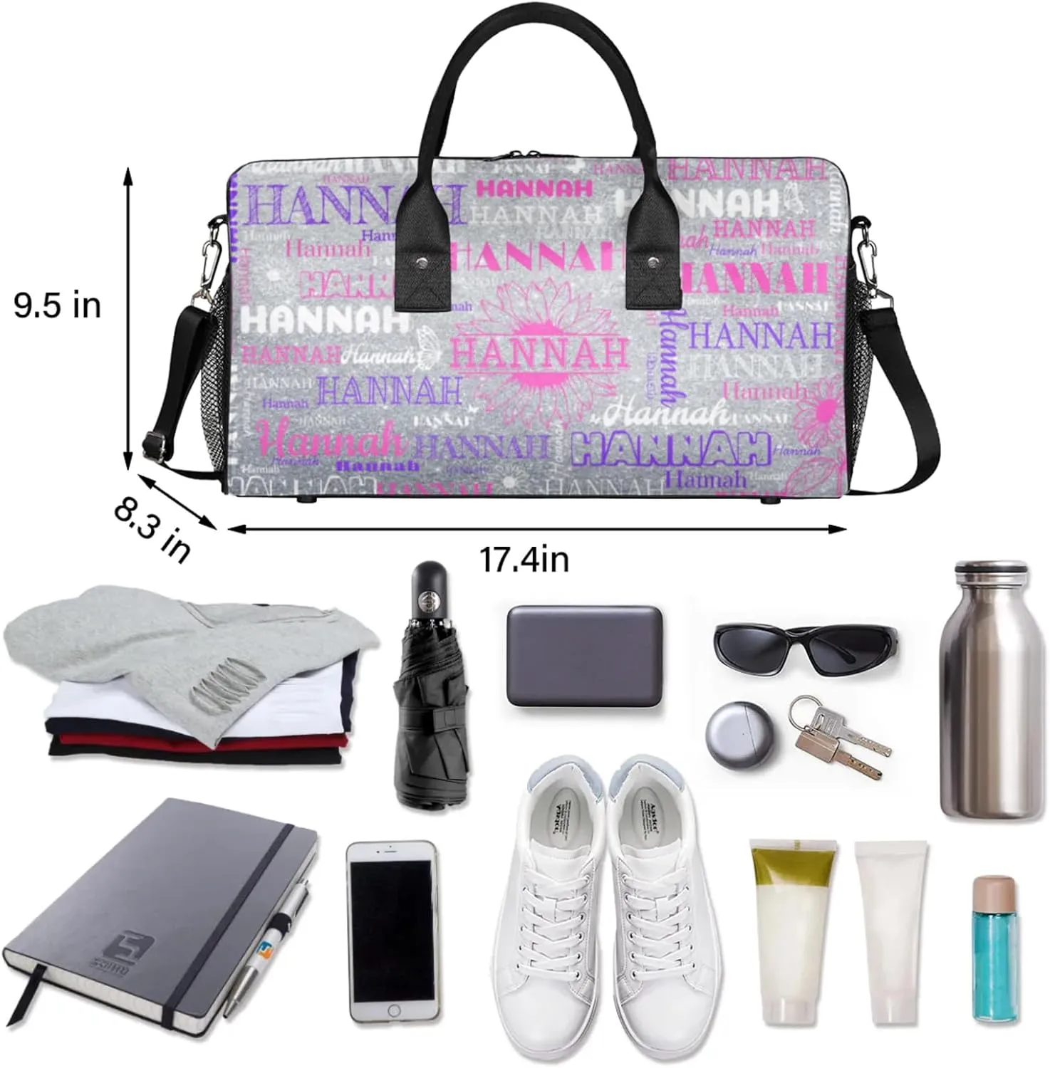 Personalized Dance Gym Bag with Full Name, Custom Sports Duffel Bag wiht Name Overnight Weekender Large Bag for Training Gymnastics, Sunflower Silver Glittering Effect