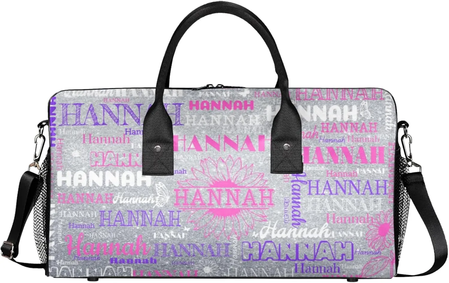 Personalized Dance Gym Bag with Full Name, Custom Sports Duffel Bag wiht Name Overnight Weekender Large Bag for Training Gymnastics, Sunflower Silver Glittering Effect