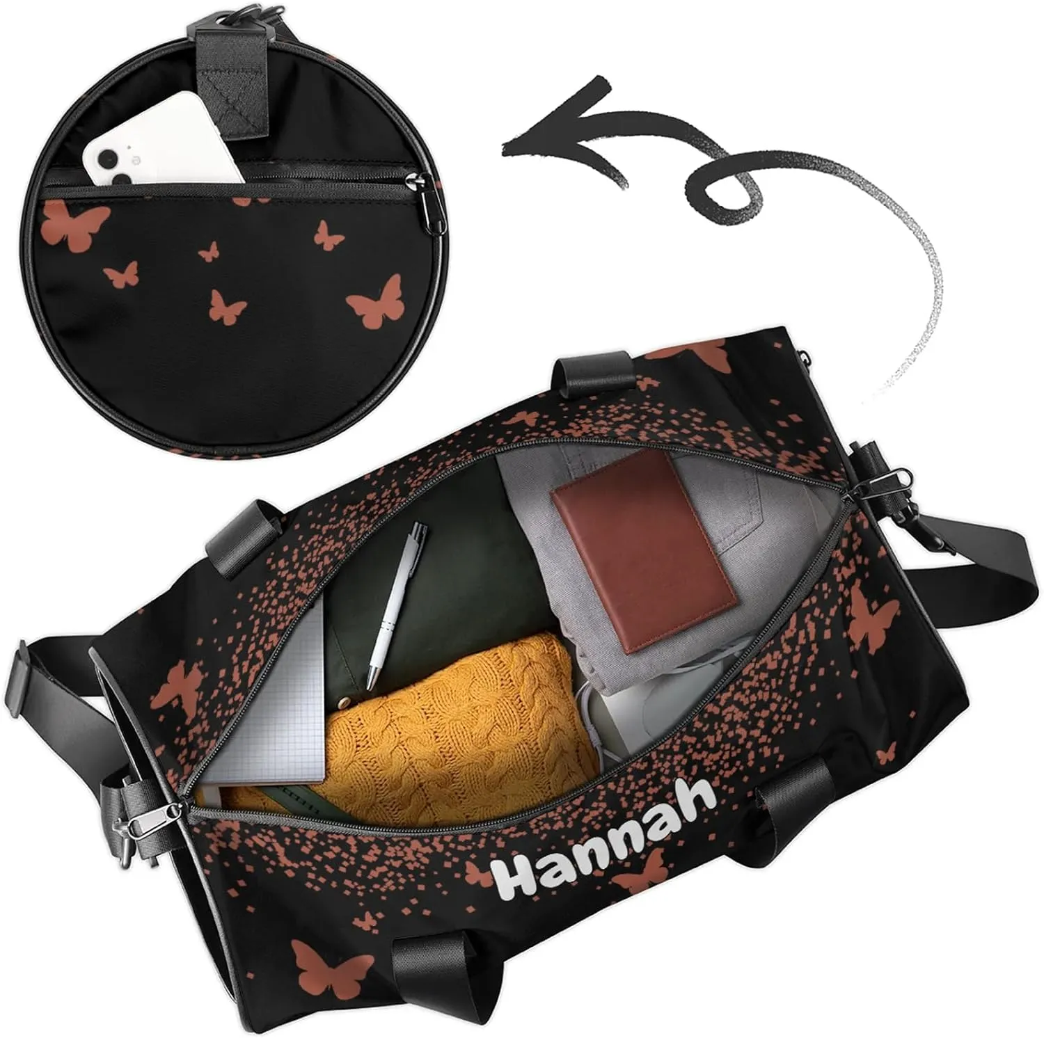 Personalized Duffel Bag with Name Butterfly Custom Travel Sports Bag for Women Men Round Waterproof Dance Ballet Bag Lightweight 17.6in, Brown