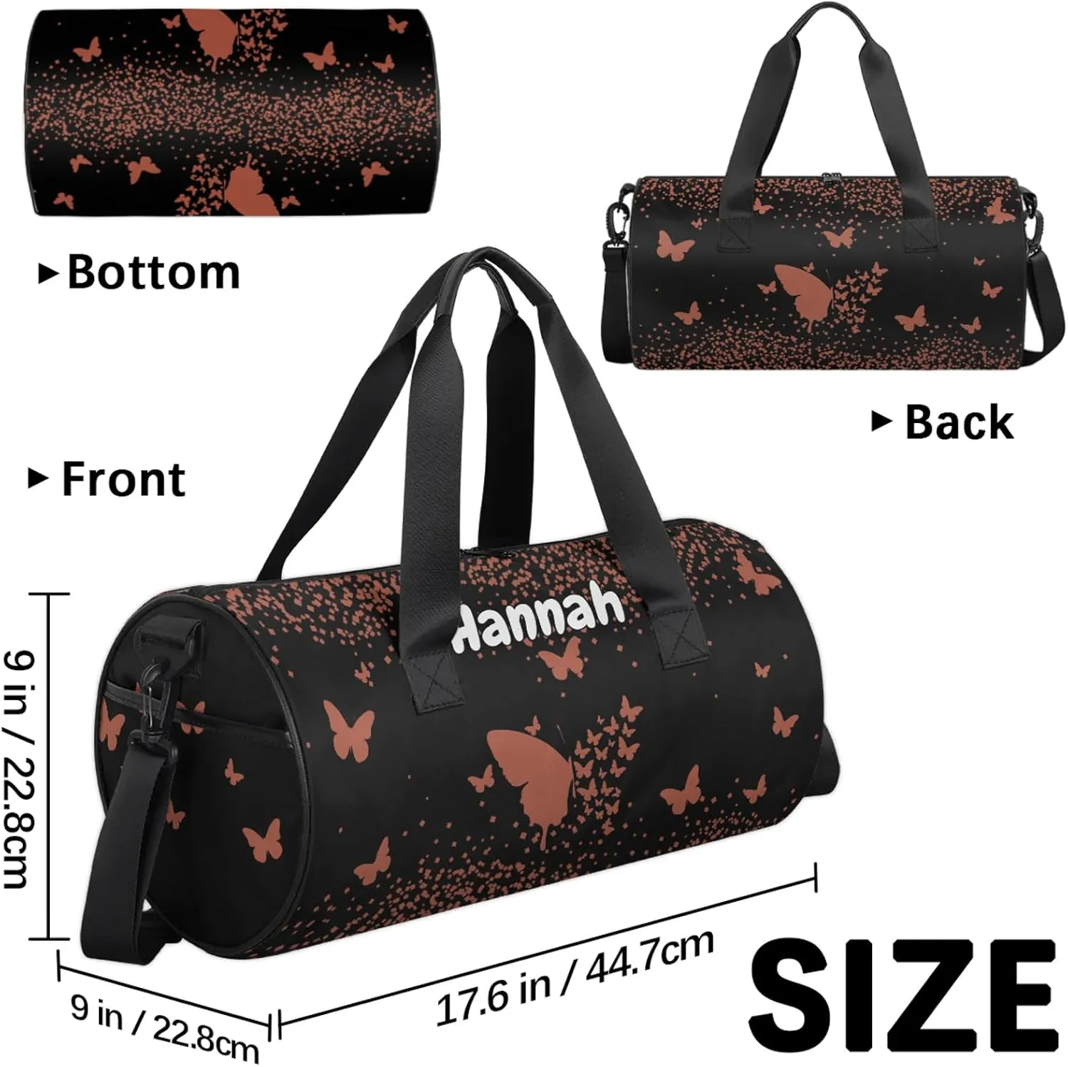 Personalized Duffel Bag with Name Butterfly Custom Travel Sports Bag for Women Men Round Waterproof Dance Ballet Bag Lightweight 17.6in, Brown