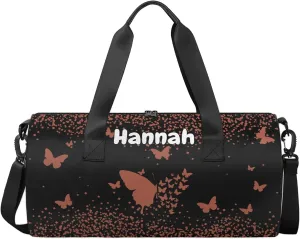 Personalized Duffel Bag with Name Butterfly Custom Travel Sports Bag for Women Men Round Waterproof Dance Ballet Bag Lightweight 17.6in, Brown