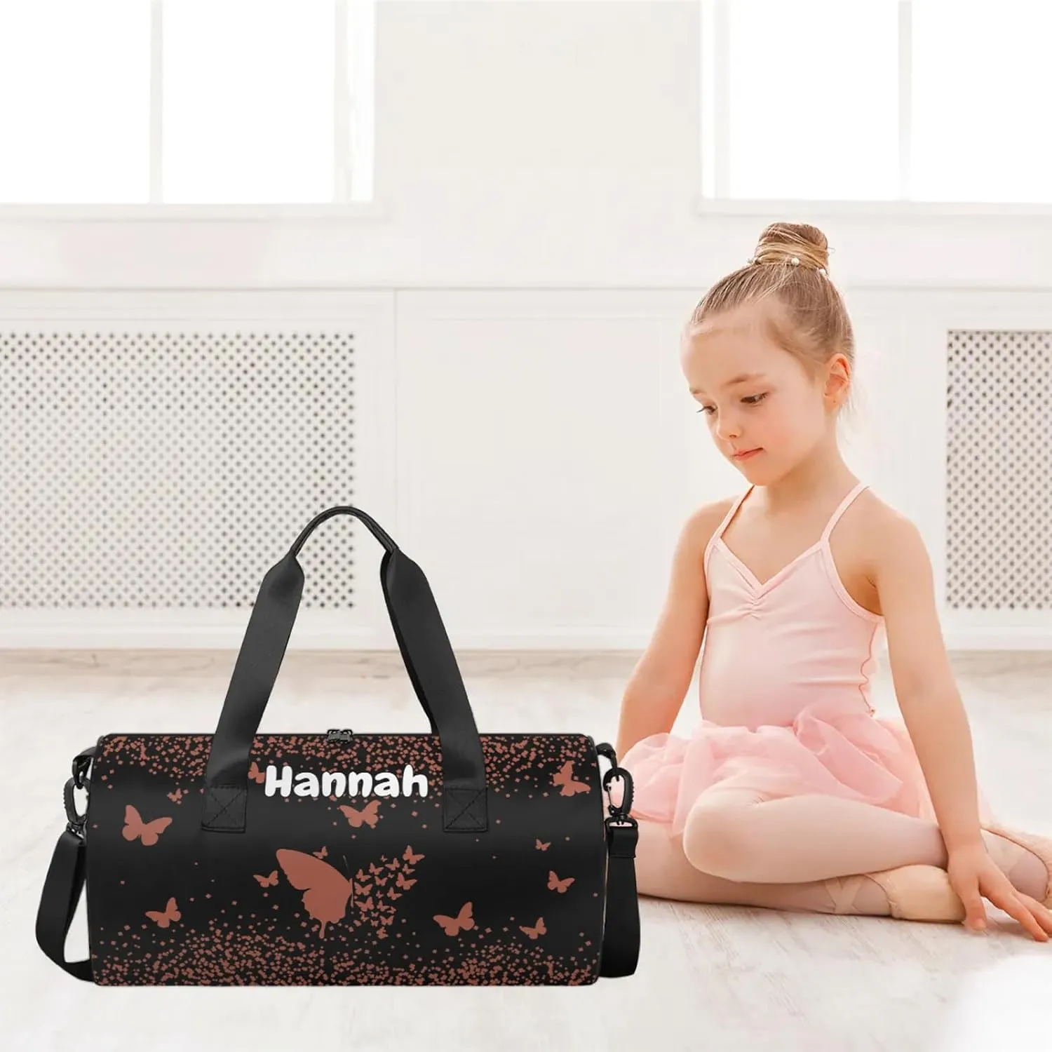 Personalized Duffel Bag with Name Butterfly Custom Travel Sports Bag for Women Men Round Waterproof Dance Ballet Bag Lightweight 17.6in, Brown
