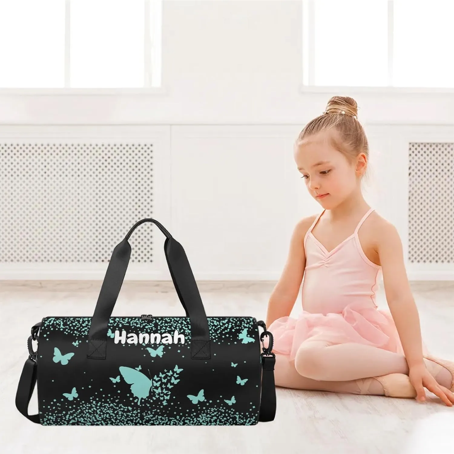 Personalized Duffel Bag with Name Butterfly Custom Travel Sports Bag for Women Men Round Waterproof Dance Ballet Bag Lightweight 17.6in, Mint Blue