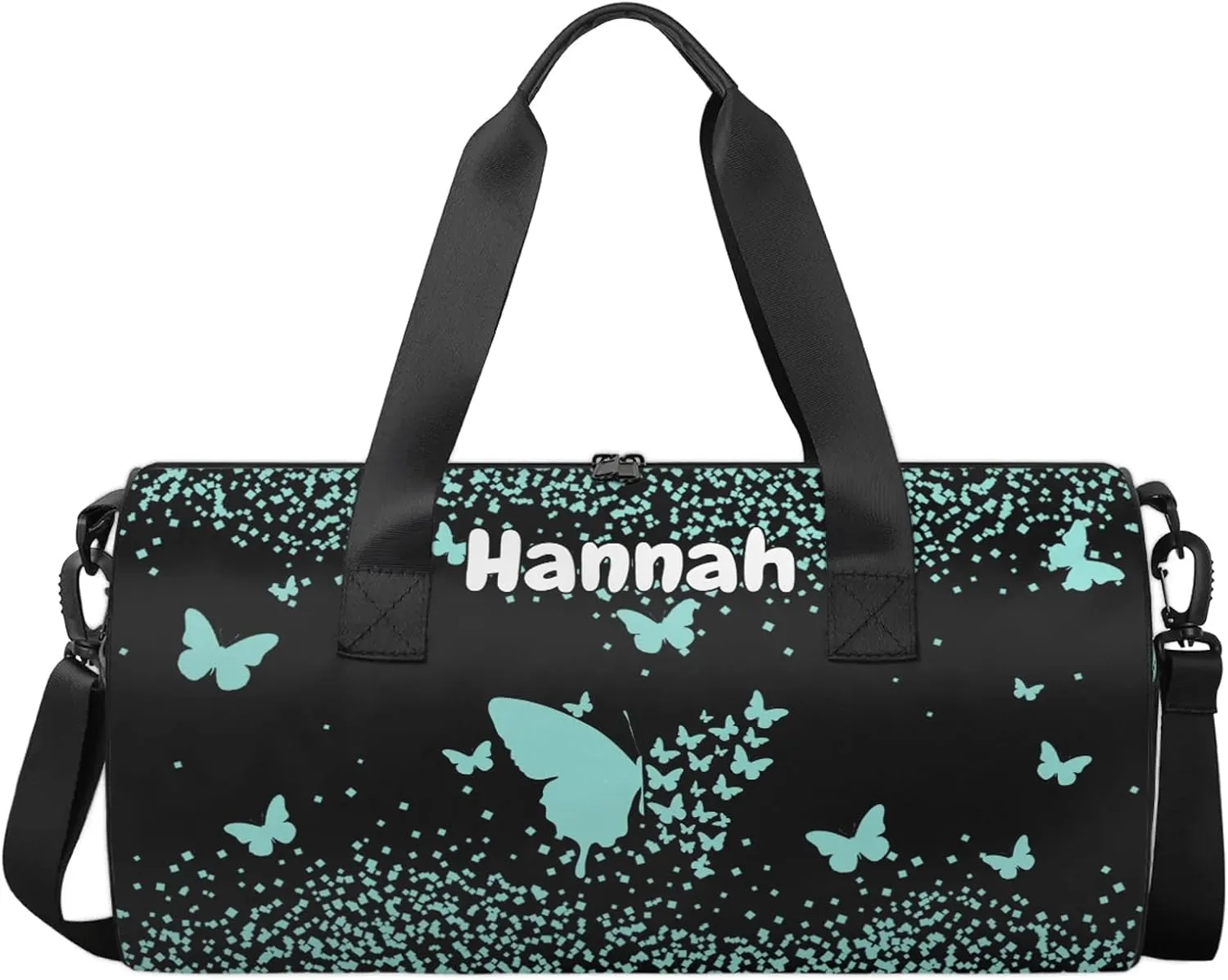 Personalized Duffel Bag with Name Butterfly Custom Travel Sports Bag for Women Men Round Waterproof Dance Ballet Bag Lightweight 17.6in, Mint Blue